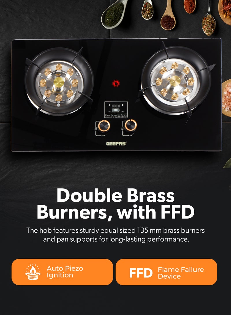 GEEPAS 2-in-1 Built-In Glass Gas Hob | Double Brass Burners, with FFD, Auto Piezo Ignition, Improved Gas Flow for Efficient Heating | LPG Type, Battery Power Display, Easy Cleaning and Maintenance | GGC31067FFD Black 2 Years Warranty 2 GGC31067FFD black - Image 2