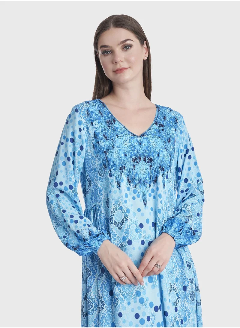 كشخة Polka Dots and Damask Print Kuwaiti Jalabiya
