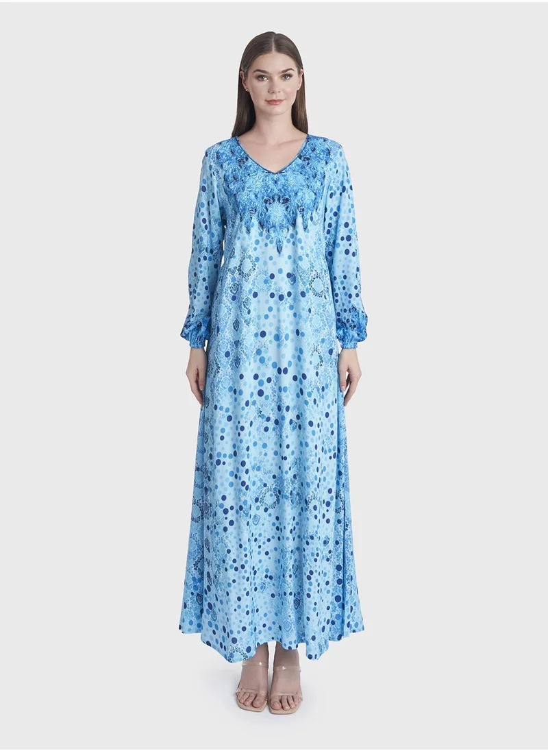 كشخة Polka Dots and Damask Print Kuwaiti Jalabiya