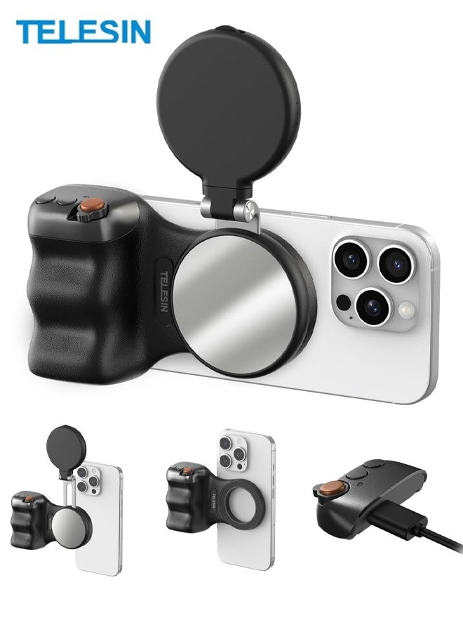 تيليسن TELESIN Fun Shot Magnetic Phone Camera Grip + C03 Magnetic Selfie Light Creator Kit متوافق مع iPhone Magsafe و Android ، مجموعة حزمة للصور الشخصية / التصوير الفوتوغرافي / TikTok / مكالمات التكبير / الفيديو (الأسود) - Image 1