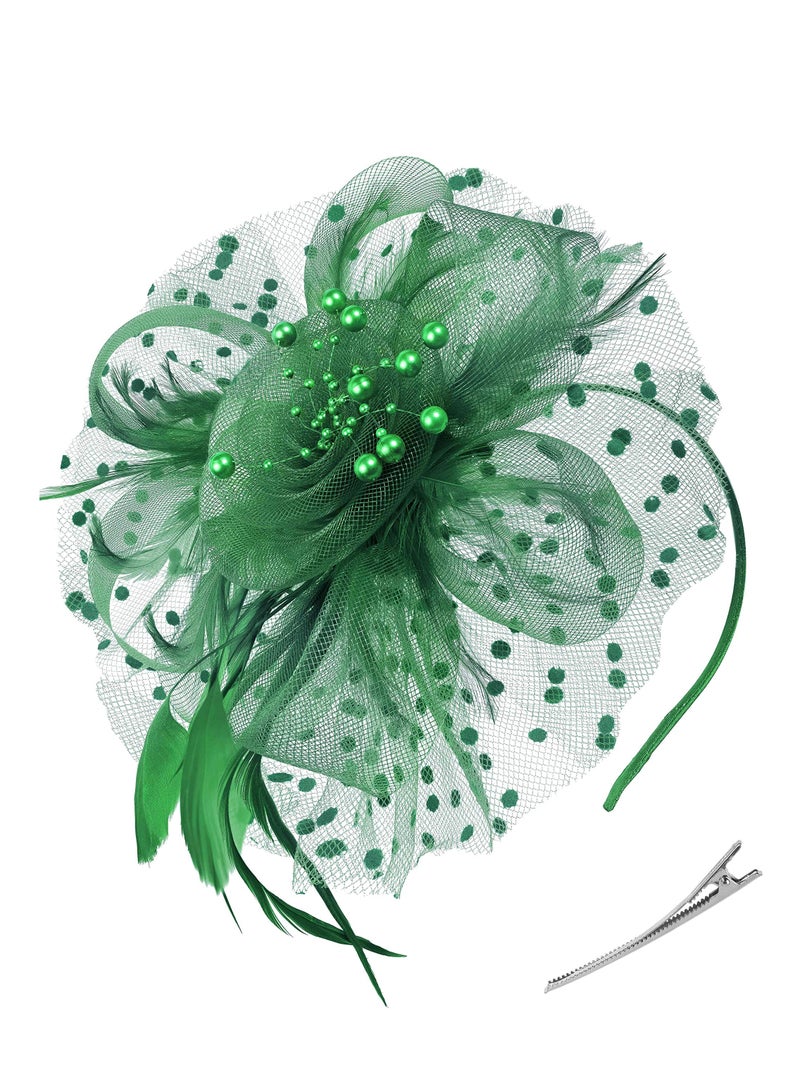 Elegant Green Fascinator Hat with Flower Mesh, Ribbons & Feathers for Women & Girls - Perfect Tea Party Accessory - Image 1
