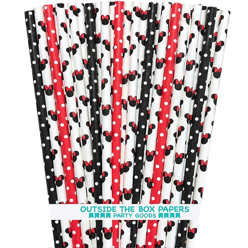 Minnie Mouse Inspired Mouse Ears and Polka Dot Paper Straws - Red White Black - 7.75 Inches - 100 Pack - Outside the Box Papers Brand