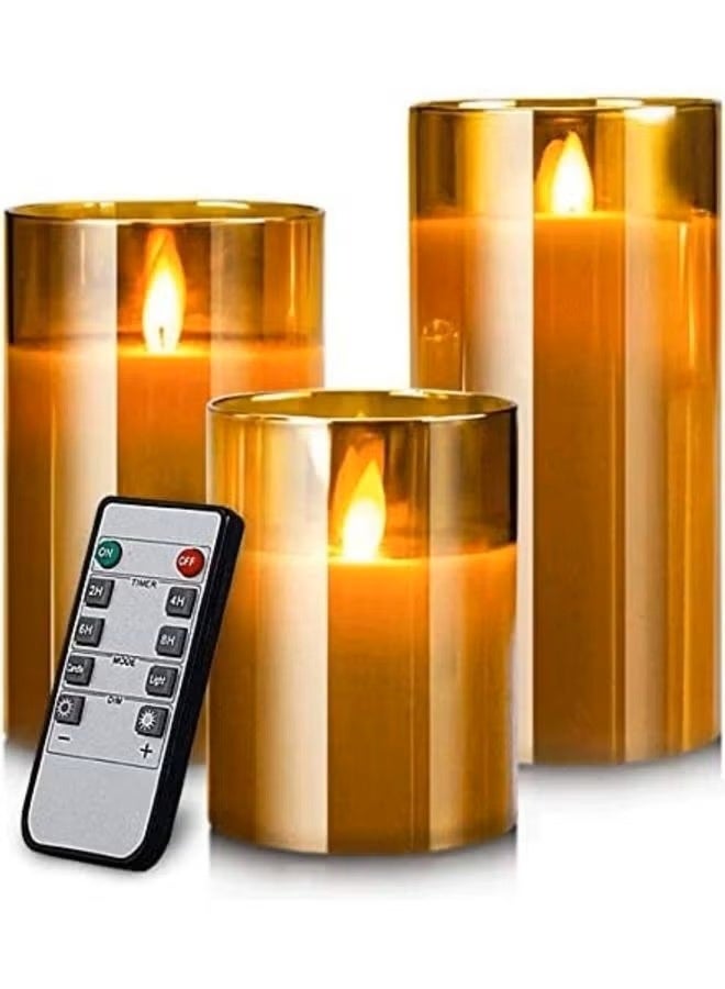 3 Pcs Gold Glass LED Flameless Candles Battery Operated with Timer, Remote Control, LED Pillar Candles - Image 1