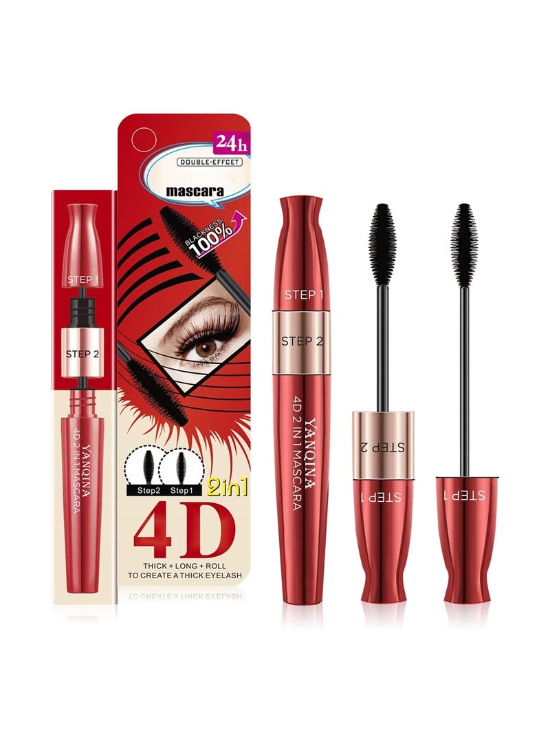 Excefore 4D Silk Fiber Lash Mascara, 2 brush heads, 2 in 1 Mascara, Lengthening and Thick, Waterproof Extra Long Lash Eyelashes, Voluminous Eyelashes , Smudge-proof (1 Pcs) - Image 1