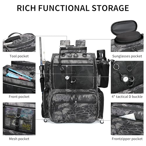 Rabjen Fishing Tackle Backpack with Rod Holders Bottle Holder Storage Bag Store Fishing Gear - Image 3