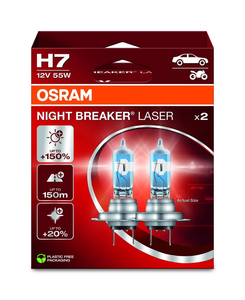 OSRAM NIGHT BREAKER LASER H7، +150% أكثر سطوعًا لمبة المصباح الأمامي الهالوجيني، 64210NL-2HB، 12V، صندوق قابل للطي معلق (2 لمبات) - Image 1