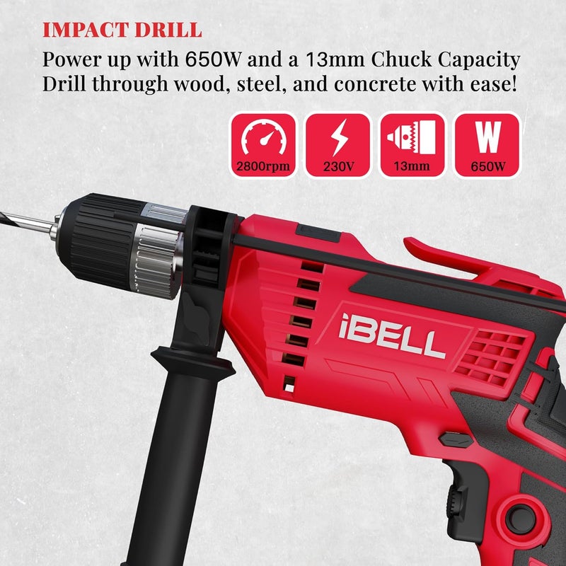 iBELL Impact Drill ID13-80, 650W, Copper Armature, Chuck 13mm Keyless Auto, 2800 RPM, 2 mode selector, Forward/Reverse with variable speed, in BMC Box and 17 Accessories - Image 4