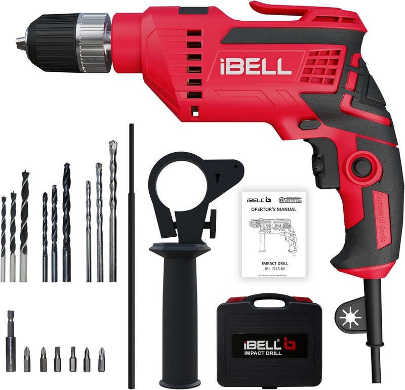 iBELL Impact Drill ID13-80, 650W, Copper Armature, Chuck 13mm Keyless Auto, 2800 RPM, 2 mode selector, Forward/Reverse with variable speed, in BMC Box and 17 Accessories - Image 1