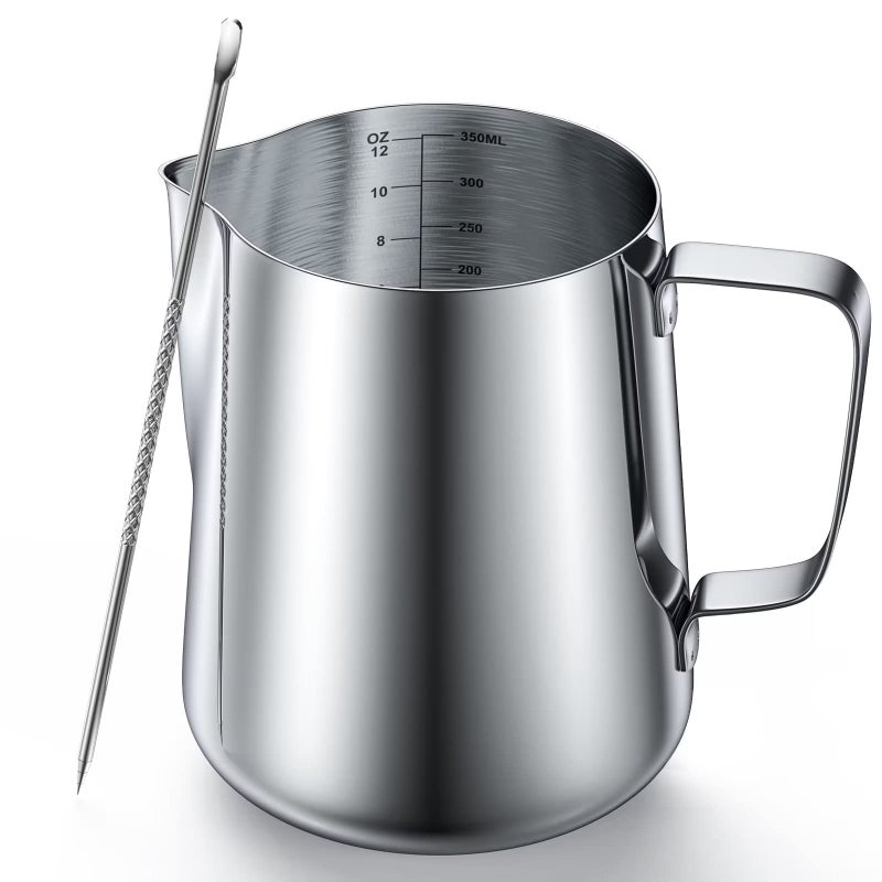 cicike 12 Ounces Stainless Steel Milk Frothing Pitcher Measurements on Both Sides Espresso Machine Accessories Latte Art Cup with Insulated Handle Creamer Pitcher for SingleServe Nodrip or Spillage 