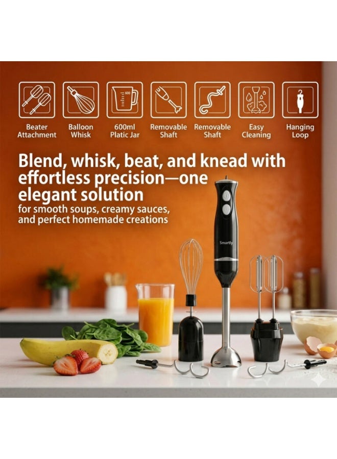 Saachi 5-in-1 Hand Blender NL-CH-4267-BK, 200W Immersion Blender with Whisk, Beater & Dough Hook, 600ml Jar, Stainless Steel Blades, 2-Speed, Removable Shaft NL-CH-4267-BK Black - Image 3
