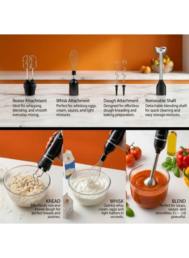 Saachi 5-in-1 Hand Blender NL-CH-4267-BK, 200W Immersion Blender with Whisk, Beater & Dough Hook, 600ml Jar, Stainless Steel Blades, 2-Speed, Removable Shaft NL-CH-4267-BK Black - Image 4