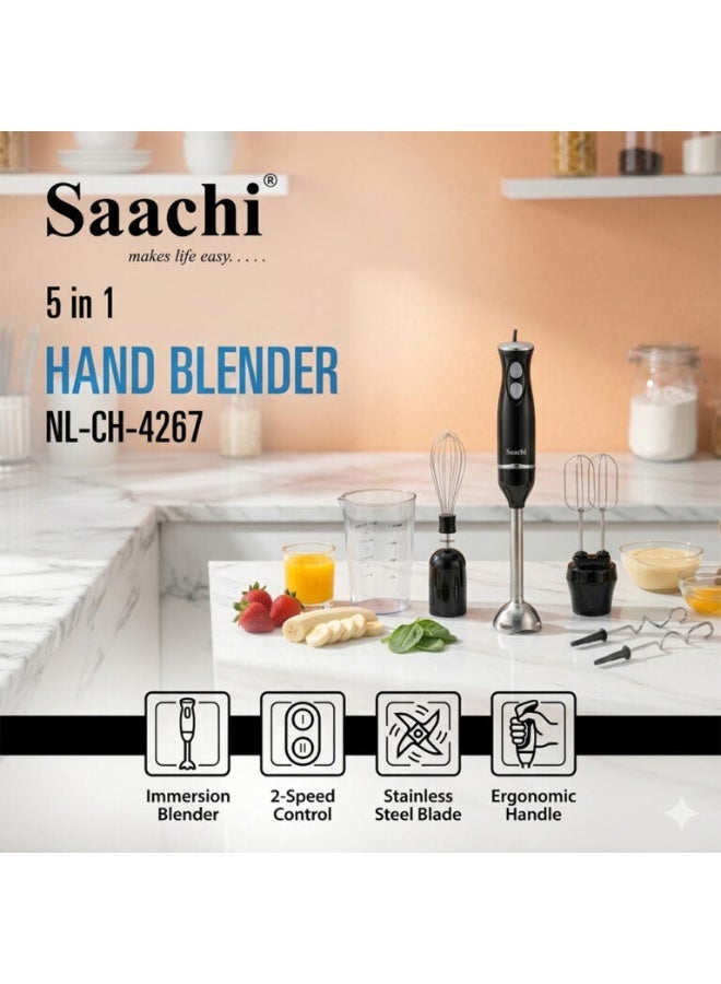 Saachi 5-in-1 Hand Blender NL-CH-4267-BK, 200W Immersion Blender with Whisk, Beater & Dough Hook, 600ml Jar, Stainless Steel Blades, 2-Speed, Removable Shaft NL-CH-4267-BK Black - Image 5
