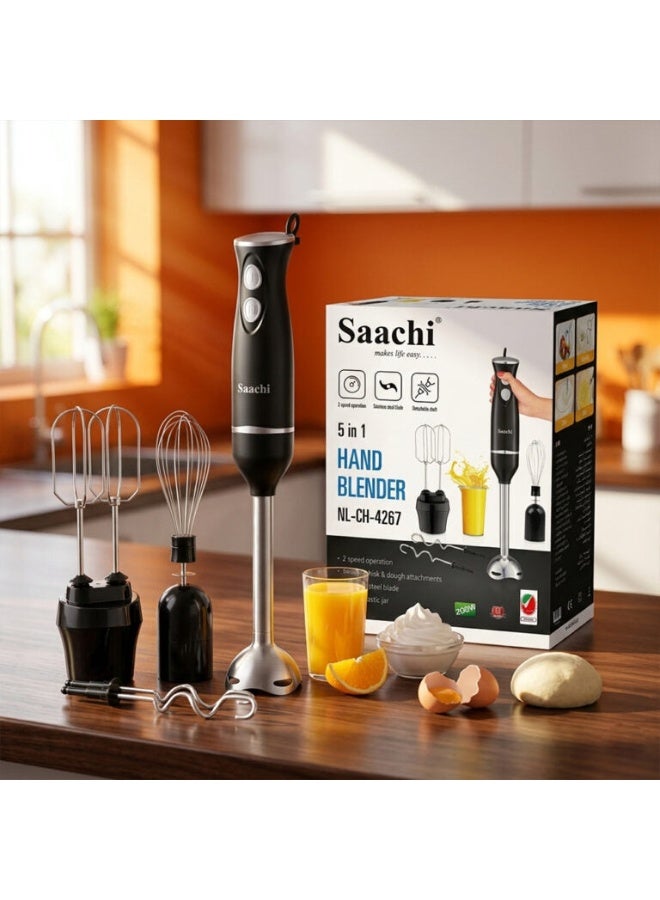 Saachi 5-in-1 Hand Blender NL-CH-4267-BK, 200W Immersion Blender with Whisk, Beater & Dough Hook, 600ml Jar, Stainless Steel Blades, 2-Speed, Removable Shaft NL-CH-4267-BK Black - Image 2