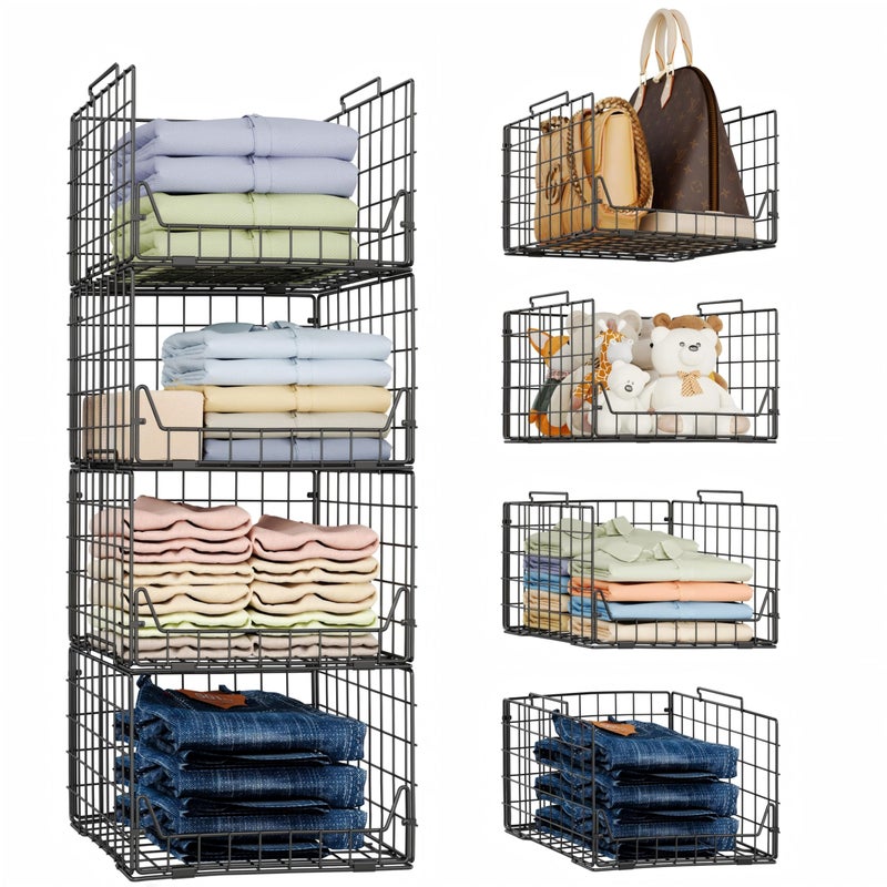 Jakyitvi Stackable Closet Organizers and Storage Bins 4 Pack Sturdy Metal Clothes Storage Container for Clothes Pants Sweaters Black Folded Drawer Shelf Organizer for Closet Wardrobe