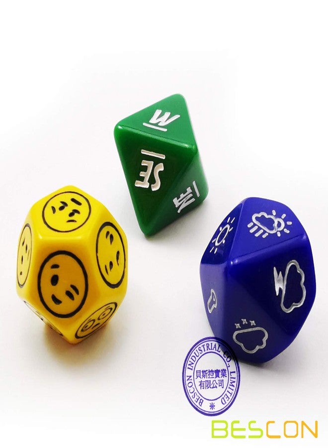 Bescon's Emotion, Weather and Direction Dice Set, 3 Piece Proprietary Polyhedral RPG Dice Set in Blue, Green, Yellow - Image 2