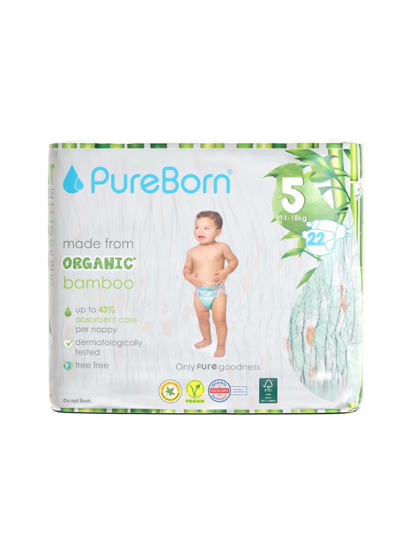 PureBorn Eco Organic Bamboo Size 5 Nappies 11-18kg Hypoallergenic And Chemical-Free Comfort 22 Diapers  - Image 1