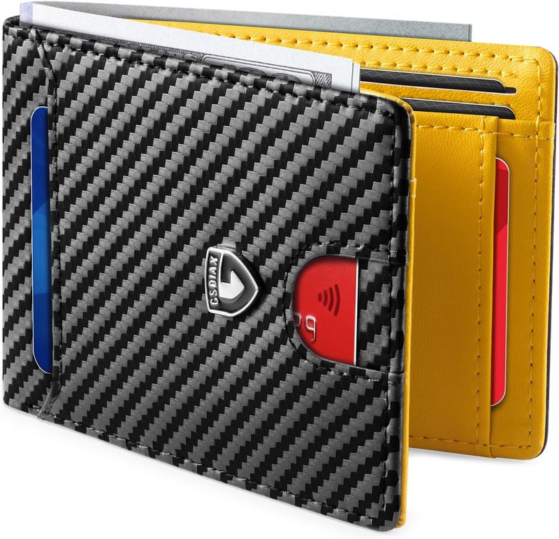 GSOIAX Mens Slim Wallet RFID Blocking Bifold wallets for men Minimalist Genuine Leather Carbon Fiber Card Holder Money Clip Thin Mens with Gift Box, Carbon Yellow, Slim - Image 1