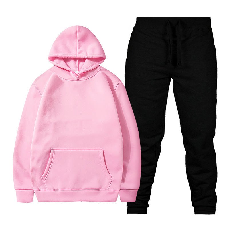 Light Panel Spring New Solid Color Hooded Sweater Casual Sweater Pants Fleece Pullover Set Powder coat + black pants 