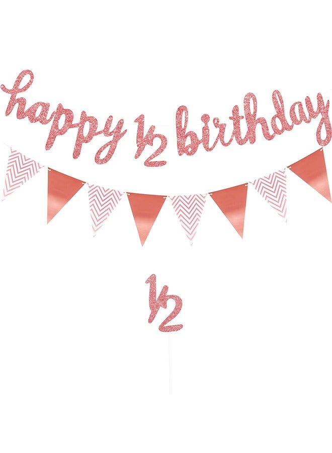 1/2 Happy Birthday Banner Baby Shower Banner Pennant Banner Flags Rose Gold Glitter 1/2 Half Year Cake Topper Triangle Flag Banner - Image 1