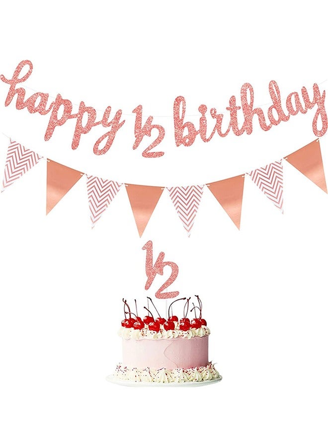 1/2 Happy Birthday Banner Baby Shower Banner Pennant Banner Flags Rose Gold Glitter 1/2 Half Year Cake Topper Triangle Flag Banner - Image 3