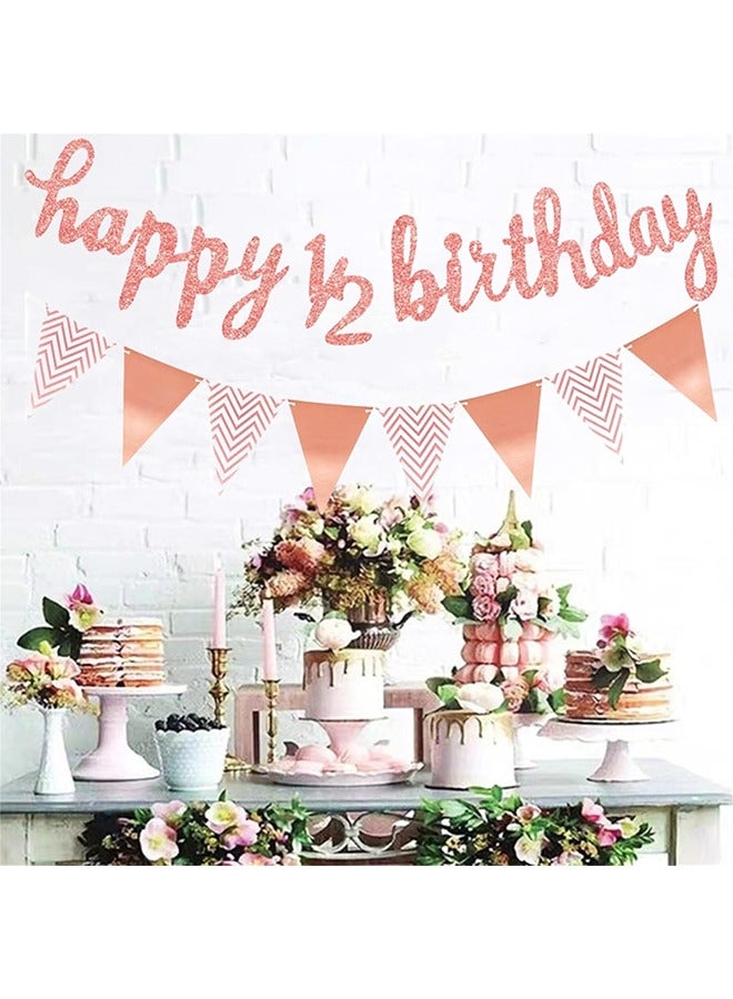 1/2 Happy Birthday Banner Baby Shower Banner Pennant Banner Flags Rose Gold Glitter 1/2 Half Year Cake Topper Triangle Flag Banner - Image 4