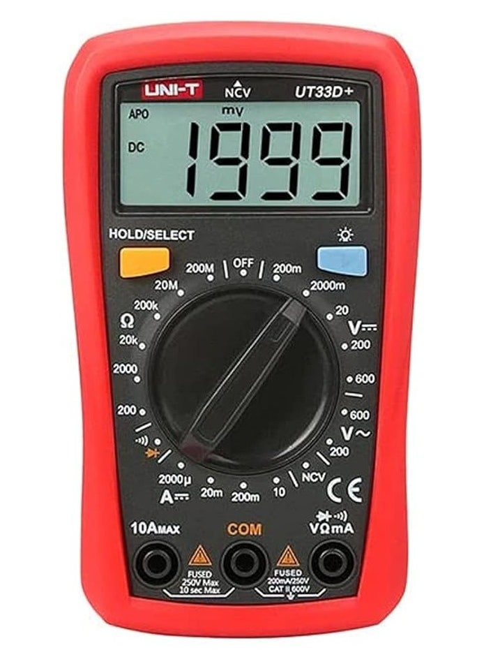 UNI-T digital multimeter UT33D+, high accuracy, equipped with non-contact voltage detection function, clear display screen, comfortable design, ideal for maintenance and repair in electrical and electronic projects."UNI-T UT33D+ Digital Multimeter Auto Range Palm Size AC DC Voltmeter Ammeter Resistance Capatitance Tester  - Image 1