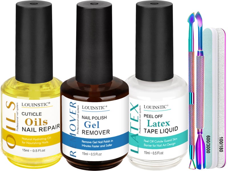 LOUINSTIC Gel Nail Polish Remover - Gel Polish Remover Kit with Cuticle Oil & Latex Tape & Colored Peel Off Manicure Tools, Gel Remover for Nails 2-5 Minutes, No Soaking,Wrapping - Image 1