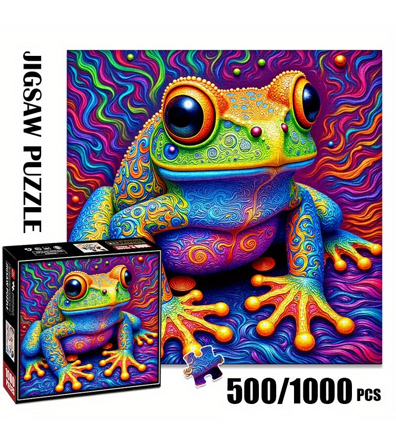 500 1000 قطعة أحجية صورة فنية نابضة بالحياة بتصميم رجعي ملون لضفدع، ورق فاخر مقاوم للخدش، مستطيل كبير، تحدي ذهني، ترفيه عائلي للترابط، فكرة هدية عيد ميلاد، لعبة تفاعلية، قطعة ديكور PP1647 - Image 1