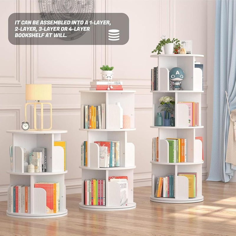 MANYUK 4 Tier Rotating Bookshelf, 360 Display Spinning Standing Bookcase Storage Rack, Wood Narrow Corner Book Shelf Organizer for Bedroom, Living Room, White - Image 4