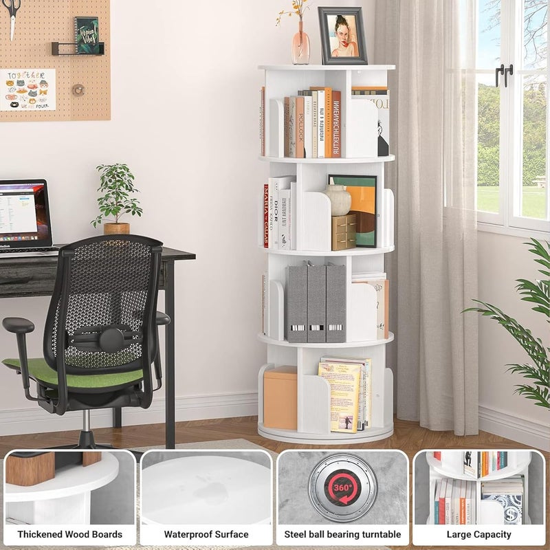 MANYUK 4 Tier Rotating Bookshelf, 360 Display Spinning Standing Bookcase Storage Rack, Wood Narrow Corner Book Shelf Organizer for Bedroom, Living Room, White - Image 5