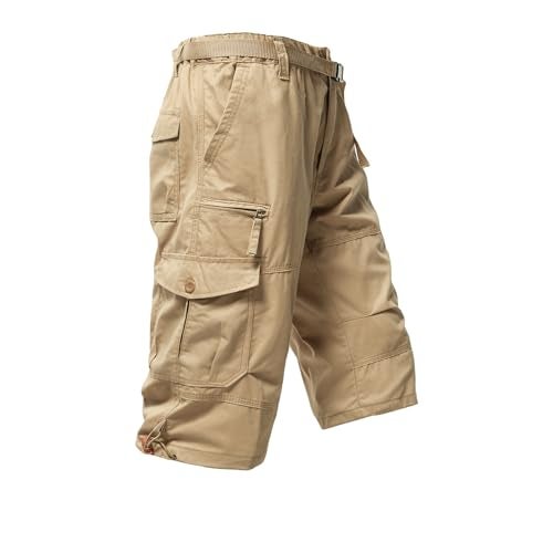 Mylldey Men's Cargo Shorts 3/4 Relaxed Fit Mens Running Shorts 7 Pockets Elastic Waist Cotton Hiking Shorts (Khaki, XL) - Image 3