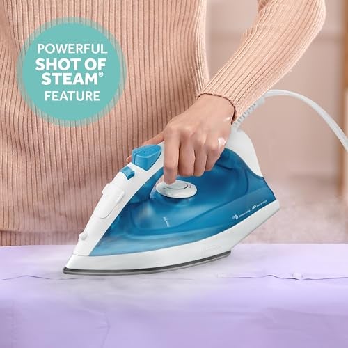 Sunbeam Compact Steam Iron, 1200 Watts, Non-Stick Soleplate, Powerful Shot of Steam, Horizontal or Vertical, Spray Mist, Precision Tip, White/Blue - Image 2