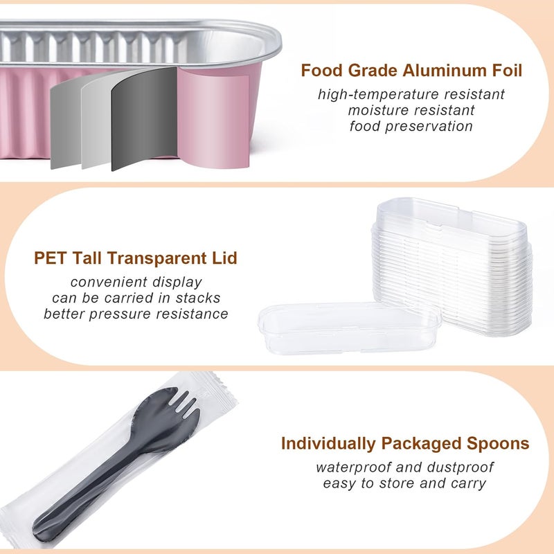 Husfunov 25 Pack Mini Cake Pans with Lids and Spoons, Small Aluminum Foil Loaf Pans, Rectangular Baking Containers for Party and Picnics, 6.8oz (Pink) - Image 3