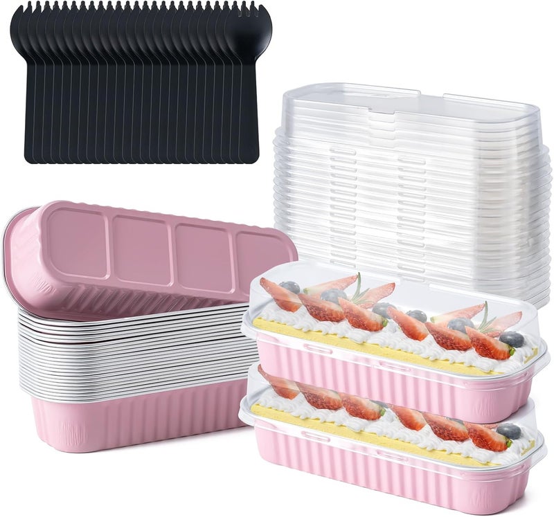 Husfunov 25 Pack Mini Cake Pans with Lids and Spoons, Small Aluminum Foil Loaf Pans, Rectangular Baking Containers for Party and Picnics, 6.8oz (Pink) - Image 1