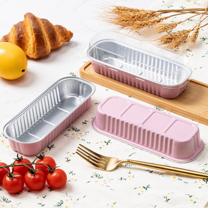 Husfunov 25 Pack Mini Cake Pans with Lids and Spoons, Small Aluminum Foil Loaf Pans, Rectangular Baking Containers for Party and Picnics, 6.8oz (Pink) - Image 5