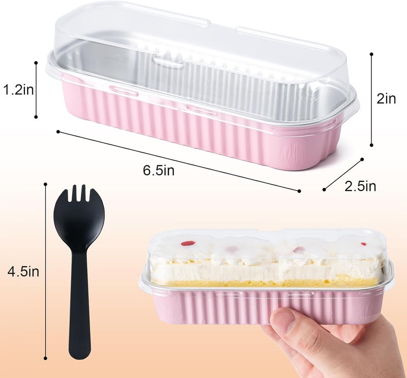 Husfunov 25 Pack Mini Cake Pans with Lids and Spoons, Small Aluminum Foil Loaf Pans, Rectangular Baking Containers for Party and Picnics, 6.8oz (Pink) - Image 2