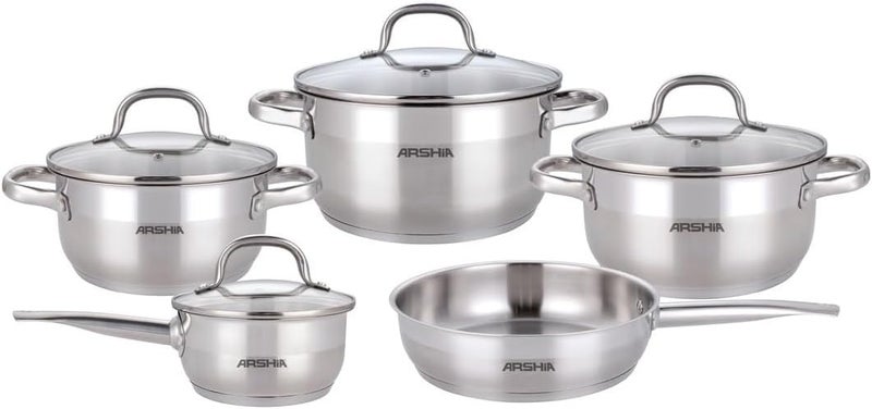 Arshia Stainless Steel Cookware Set with Glass Lids - 9-Piece Set - Image 1