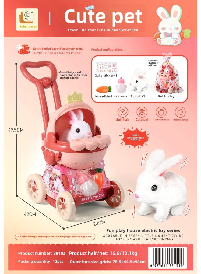 Rokomeng Electric Pet Stroller Cat Dog Rabbit Simulation Walking Pretend Play Children's Toy Plastic Handheld Gift Box-Color:8810A Cradle Cart (rabbit)  - Image 1
