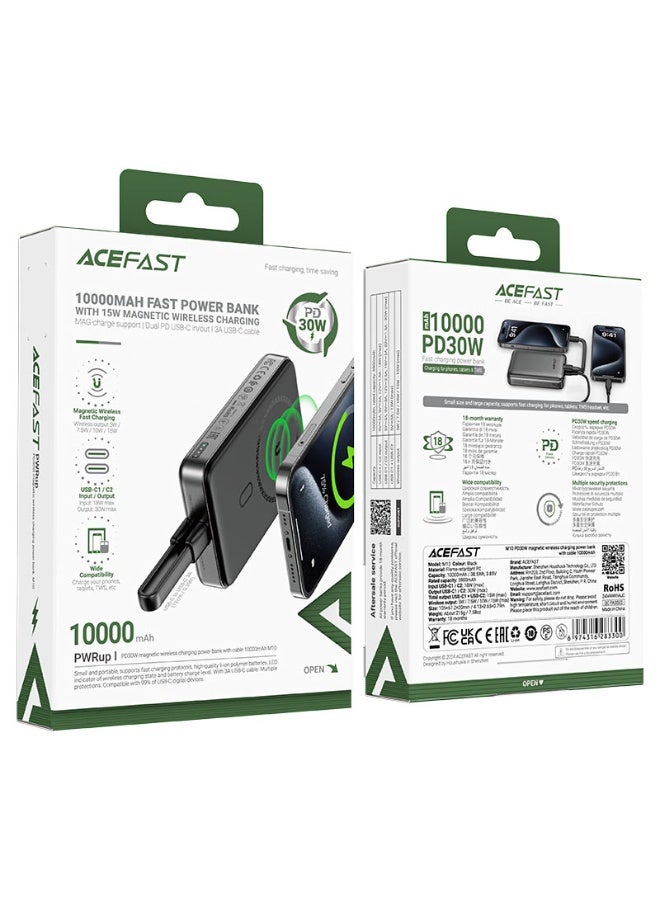 ACEFAST 10000mAh Magnetic Fast Wireless Charge Power Bank, Fast Charging PD30W, With USB-C to USB-C 12cm Cable, 2USB-C PORTS, LED indicator - Black - Image 3