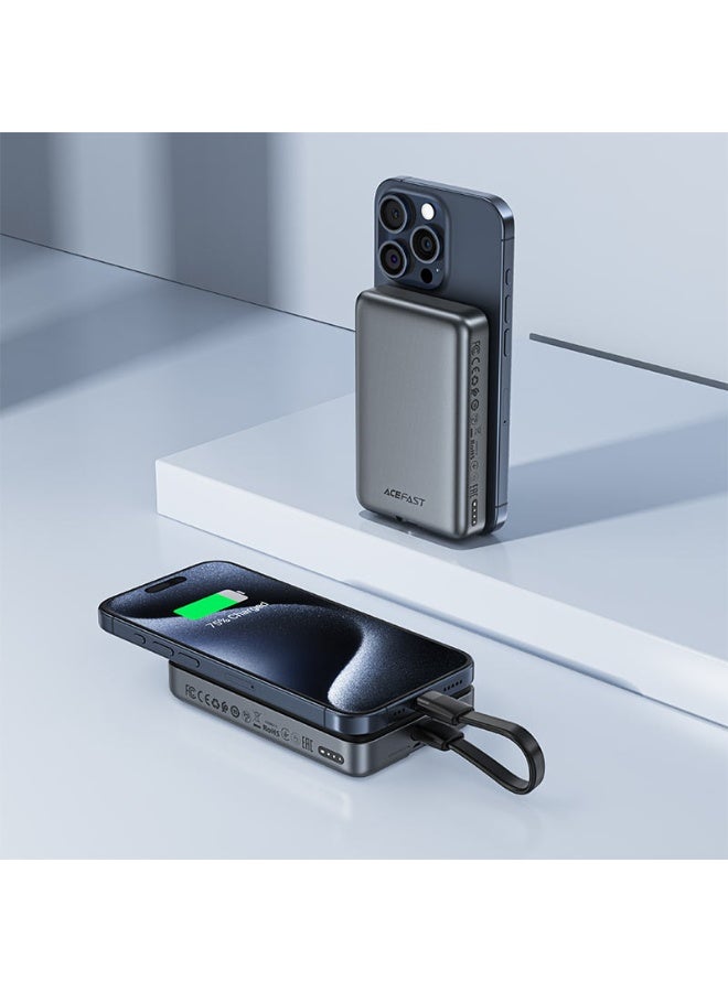 ACEFAST 10000mAh Magnetic Fast Wireless Charge Power Bank, Fast Charging PD30W, With USB-C to USB-C 12cm Cable, 2USB-C PORTS, LED indicator - Black - Image 2