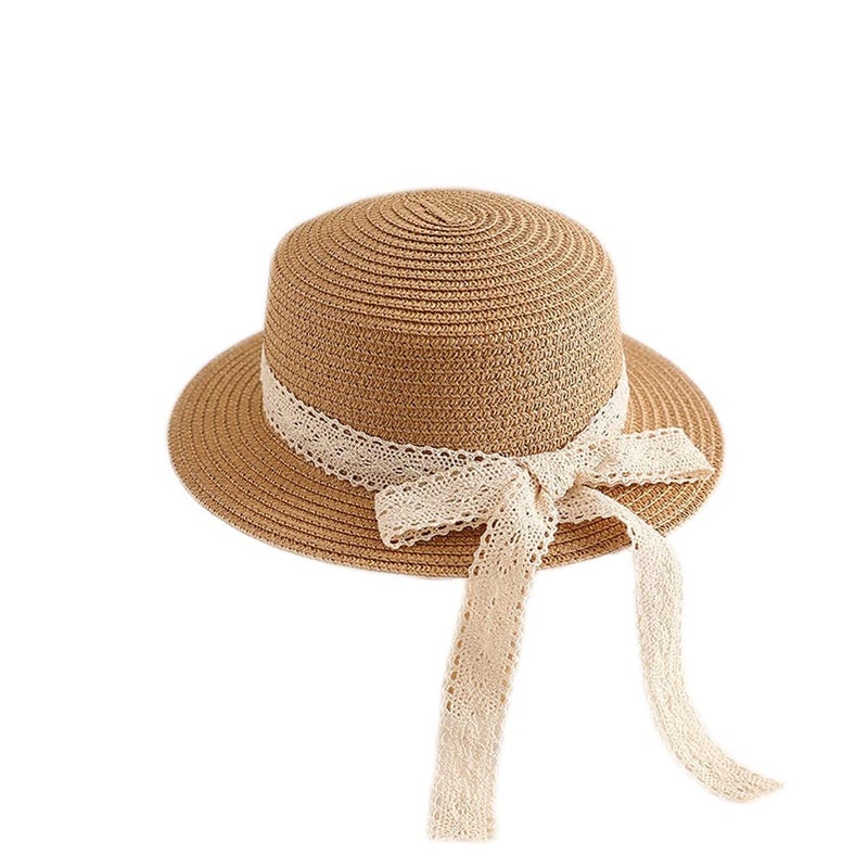 XYX Little Girl Kids Breathable Summer Straw Hat Foldable UV Protection Bowknot Wide Brim Floppy Beach Sun Visor Hats (Hat-Brown) - Image 1