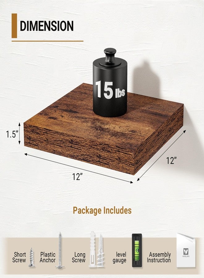 Vivelove 12x12 Floating Shelves for Wall, 12" Deep Shelves with Invisible Brackets, for Living Room Bedroom Bathroom, Farmhouse Rustic Shelves Home Decor, Set of 2, Rustic Brown - Image 2