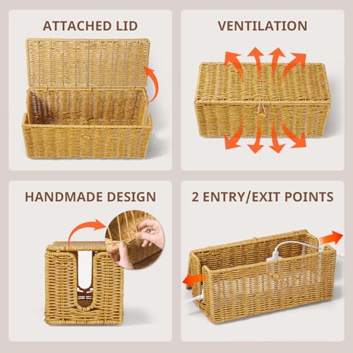 CMLKLZD Cable Management Box, Handwoven Synthetic Rattan Cable Organizer, 2 Side Open Slots Cords Hider Box, Under Desk Cord Organizer for USB Wire, TV PC Charger & Power Strip, Natural - Image 5