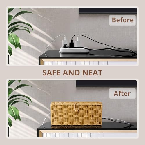 CMLKLZD Cable Management Box, Handwoven Synthetic Rattan Cable Organizer, 2 Side Open Slots Cords Hider Box, Under Desk Cord Organizer for USB Wire, TV PC Charger & Power Strip, Natural - Image 4