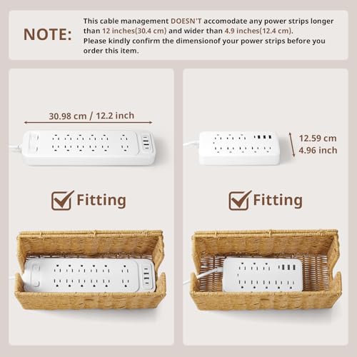 CMLKLZD Cable Management Box, Handwoven Synthetic Rattan Cable Organizer, 2 Side Open Slots Cords Hider Box, Under Desk Cord Organizer for USB Wire, TV PC Charger & Power Strip, Natural - Image 3