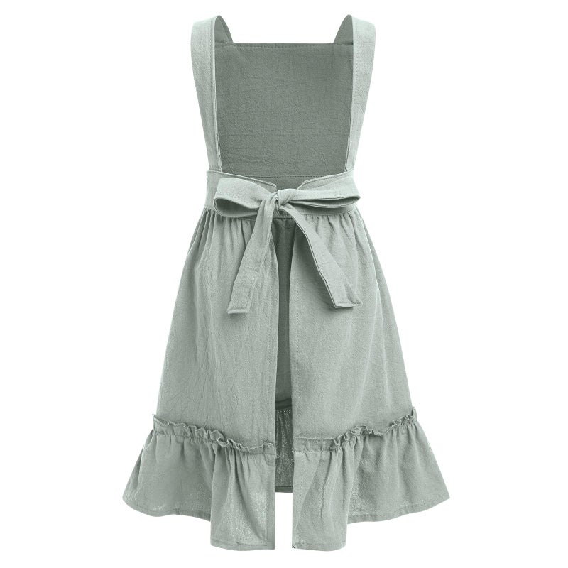 ODIZLI Womens Baking Apron Cute Dress for Women Frill Cross Back Cotton Linen Japanese Apron With Pockets Maid Pinafore Apron Housewife Garden Cooking Pottery Pinafore Apron Sage Green Adult 6-10 Years - Image 2