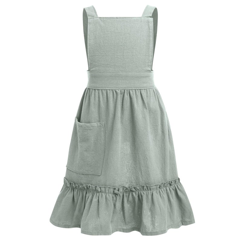 ODIZLI Womens Baking Apron Cute Dress for Women Frill Cross Back Cotton Linen Japanese Apron With Pockets Maid Pinafore Apron Housewife Garden Cooking Pottery Pinafore Apron Sage Green Adult 6-10 Years - Image 1