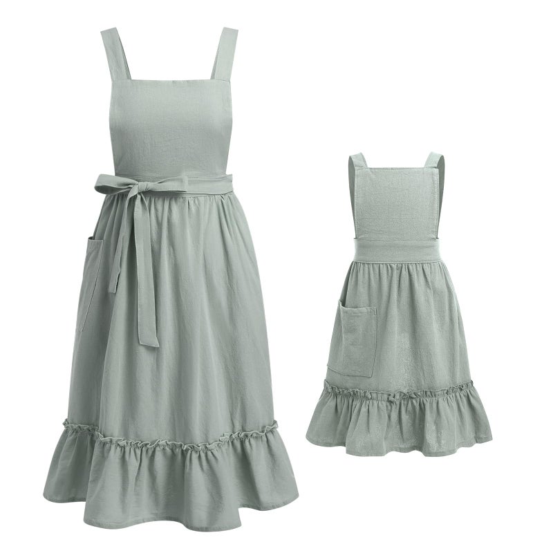 ODIZLI Womens Baking Apron Cute Dress for Women Frill Cross Back Cotton Linen Japanese Apron With Pockets Maid Pinafore Apron Housewife Garden Cooking Pottery Pinafore Apron Sage Green Adult 6-10 Years - Image 5