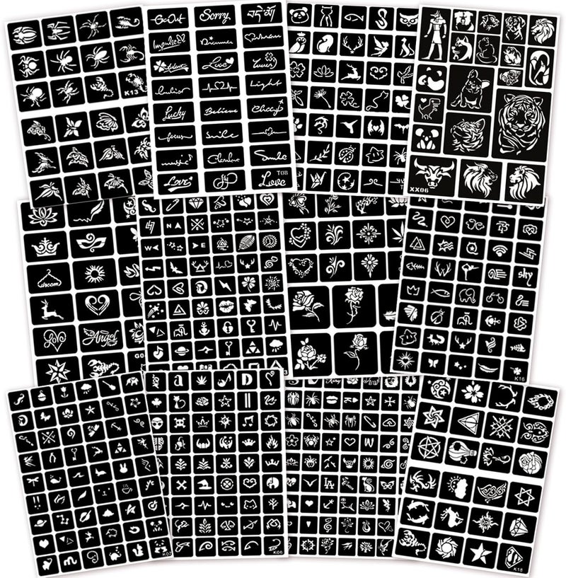 423pcs Temporary Tattoo Stencils 12 Sheets DIY Art Kit for Women Girls Kids Boys Face Body Paint Reusable Glitter Tattoo Stencils Pack