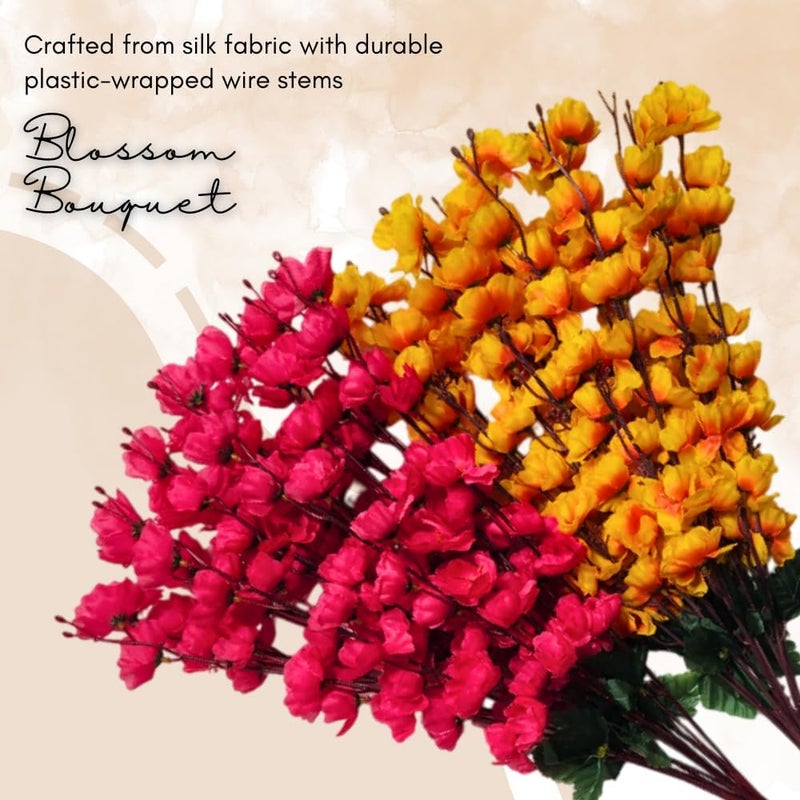 Sheux Artificial Plant Cherry Blossom Combo (Dark Pink & Yellow) Home Decor, Wedding & Events Decoration, Gifting Bouquet, Artificial Plant for Decoration(2 Pieces) - Image 4
